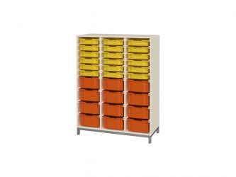 with 18 F1 and 12 F2 plastic drawers, open, metal-legged