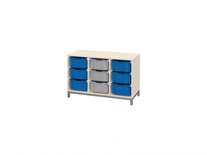 with 9 F2 plastic drawers, open, metal-legged