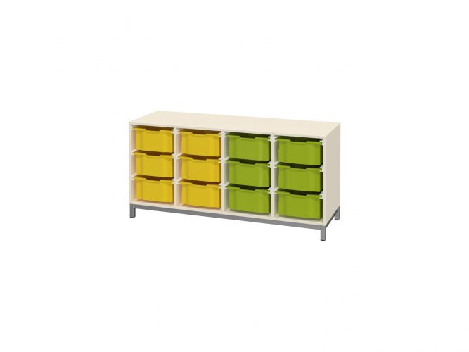 with 12 F2 plastic drawers, open, metal-legged