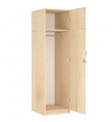 one-door cabinet with hangers and a shelf