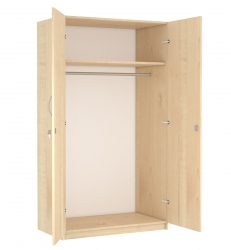 two-door cabinet with hangers and a shelf